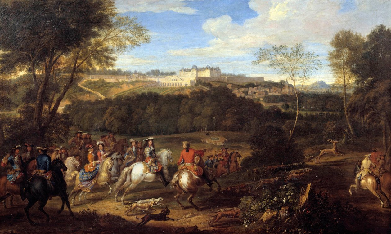 Kung Ludvig XIV (1638-1715) och hovjakten i sikte av slottet Meudon Målning från Adam Frans Van der Meulens skola (1632-1690) 1600-talet sön. 0,77x1,27 av Adam Frans van der Meulen