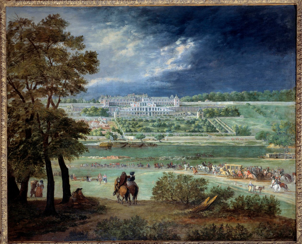Le Chateau Neuf de Saint-Germain (Saint Germain en Laye) och trädgårdarna, under rekonstruktionen av terrasserna Målning av Adam Van der Meulen (1632-1690) 1664-1665 Sön. 1,1x1,3 m Paris, Musee Carnavalet av Adam Frans van der Meulen