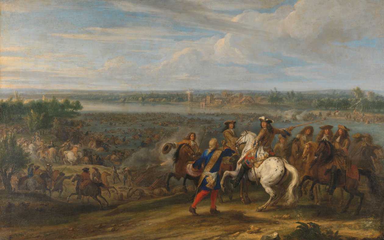 Ludvig XIV korsar in i Nederländerna vid Lobith Ludvig XIV korsar Rhen vid Tolhuis nära Lobith, 12 juni 1672 av Adam Frans van der Meulen