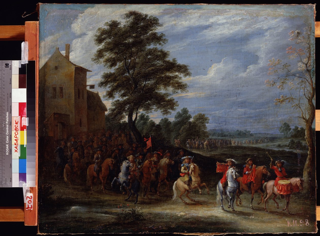 Kavalleriregemente som passerar över ett område (Kavalleriregementet tar fältet). Målning av Adam Frans van der Meulen (1632-1690). Olja på duk, 65 x 78,5 cm, flamländsk konst, barockkonst. Far Eastern Museum, Khabarovsk. ©FineArtImage/Leemage av Adam Frans van der Meulen
