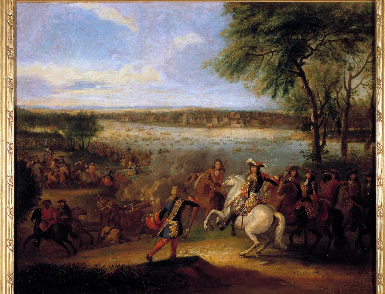 The Passage of the Rhen av Ludvig XIV (1638-1715) före Tolhuis 1672-07-12 Målning av Adam Frans Van der Meulen (1632-1690) Sön. 0,6x0,7 m av Adam Frans van der Meulen