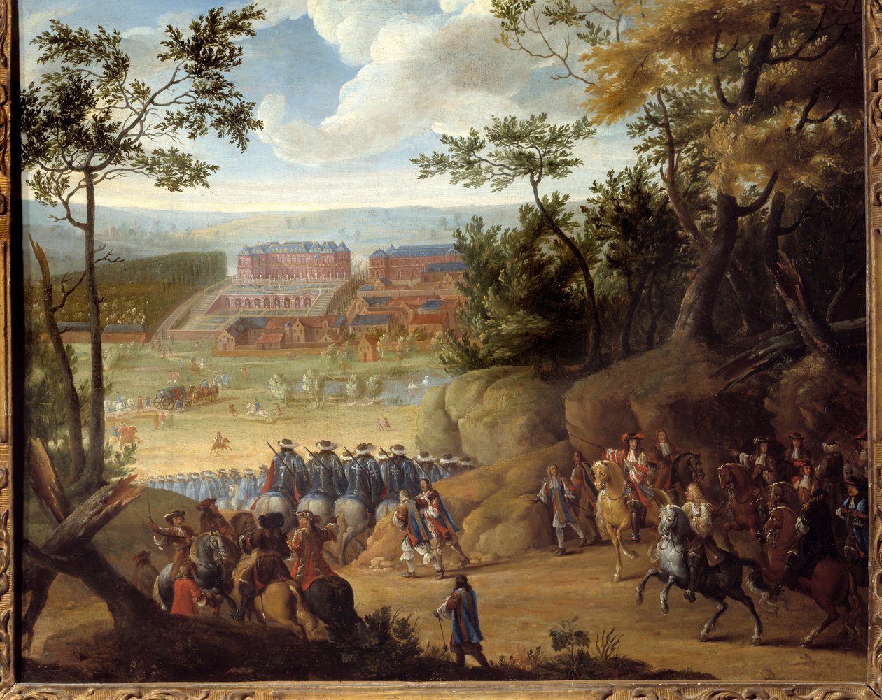 Utsikt över Versailles 1664 med kungen av Frankrike Ludvig XIV (1638-1715) och ett sällskap musketörer. Målning av Adams Frans Van der Meulen (1632-1690) av Adam Frans van der Meulen