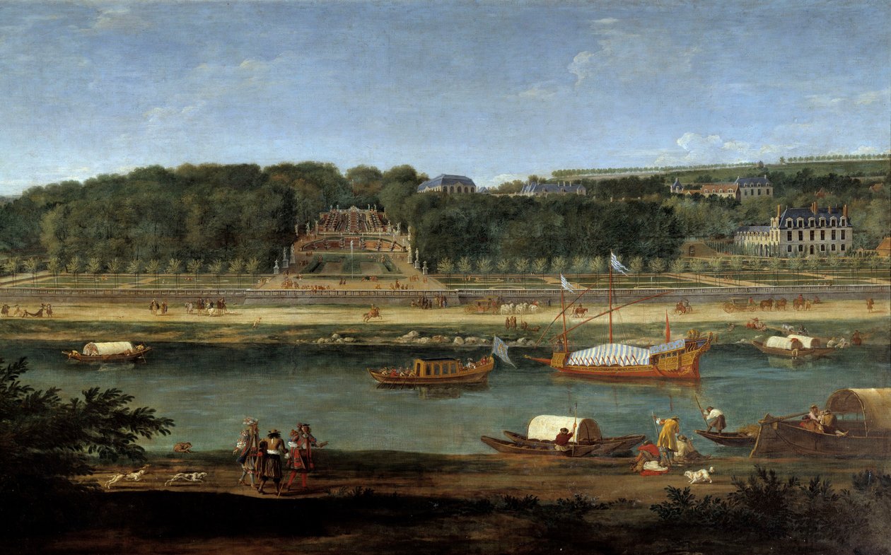 Utsikt över slottet Saint Cloud med det kungliga galleriet på Seine Målning av Adam Van der Meulen (1632-1660) av Adam Frans van der Meulen