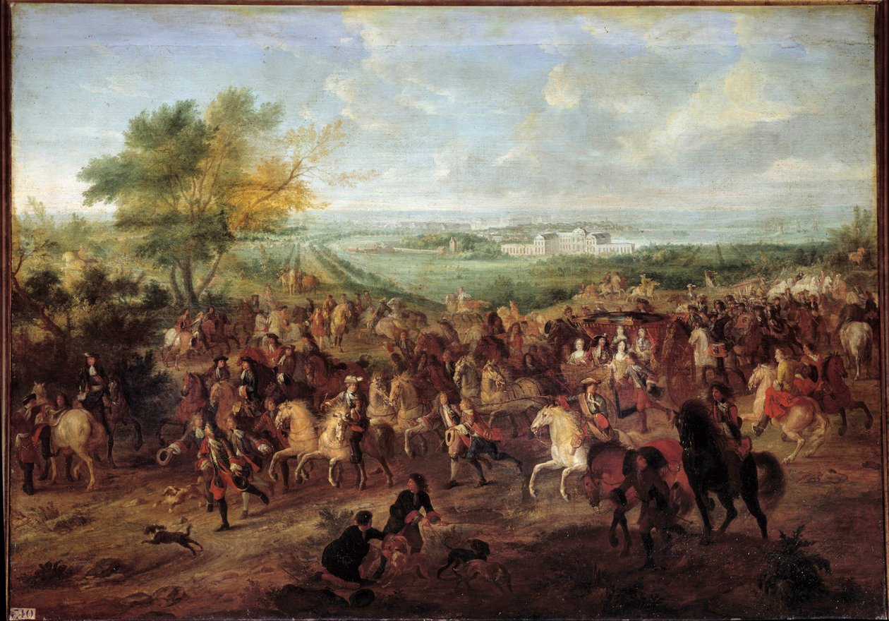 Gå med vagn av kung Ludvig XIV (1638-1715), drottning Marie Therese av Österrike, Dauphin Louis och Dauphine framför slottet Clagny i Versailles Målning av Adam van der Meulen (1632-1690) Runt 1680 sön. 1,4x1,9 av Adam Frans van der Meulen