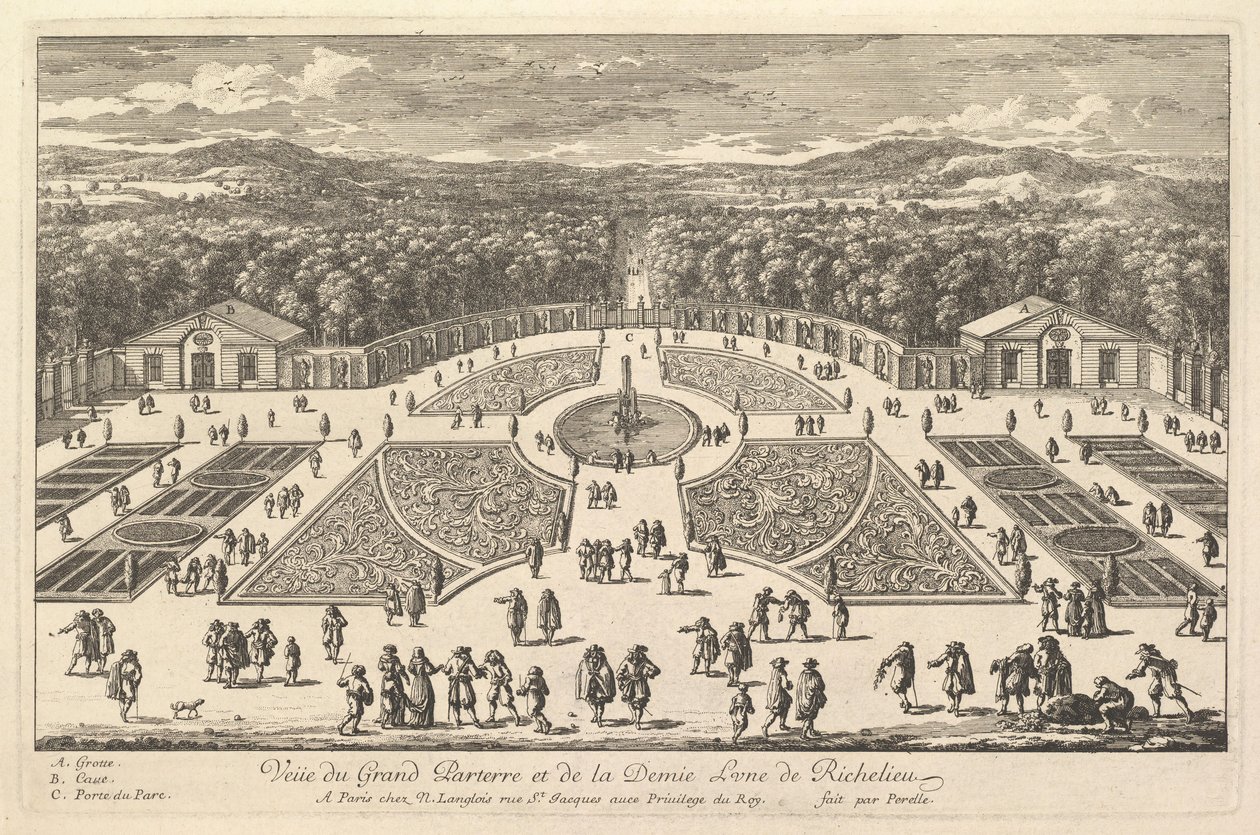 Utsikt över Grand Parterre och halvmånen av Richelieu, 1600-talet. av Adam Perelle