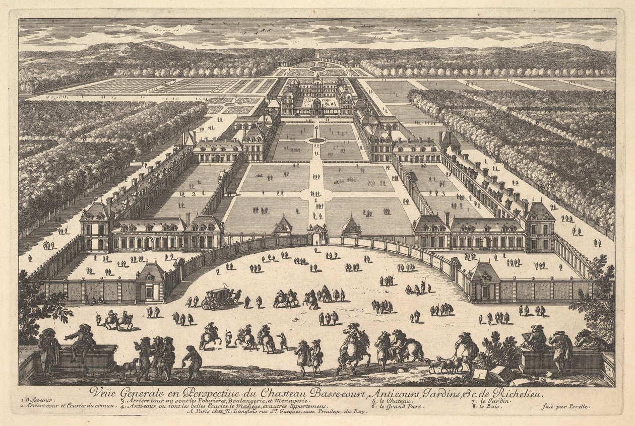 Allmän bild i perspektiv av Château Bassecourt, Anticours, trädgårdar, etc. av Ric..., 1600-talet. av Adam Perelle