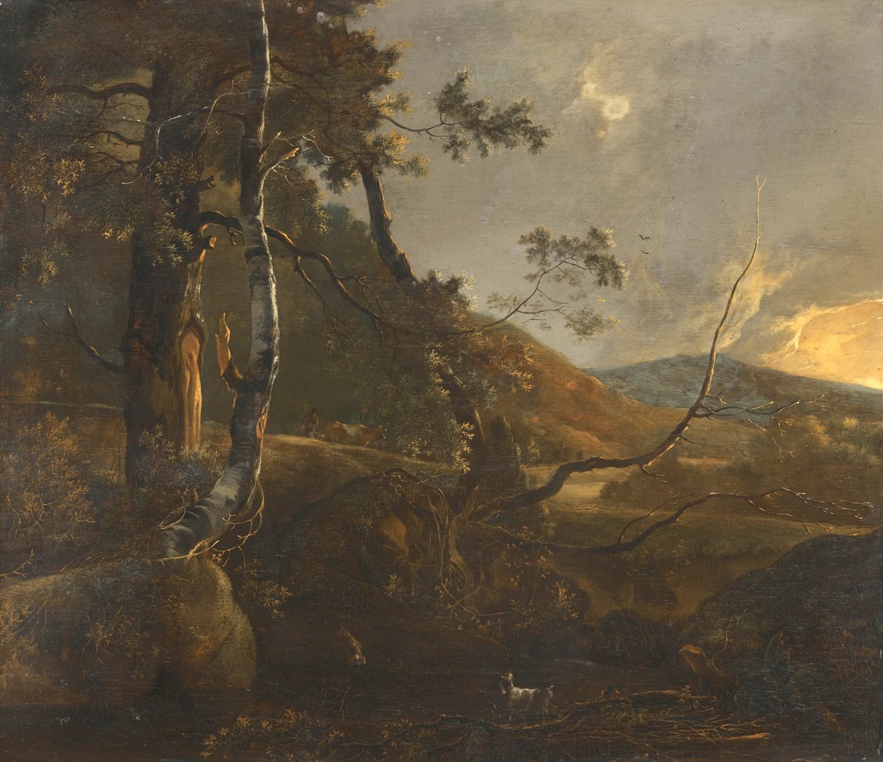 Ett skogbevuxet landskap med en besättning på en väg och en ensam get av Adam Pynacker