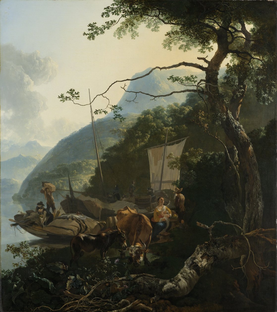 Båtsmän förtöjda vid stranden av en italiensk sjö, 1650-70 av Adam Pynacker