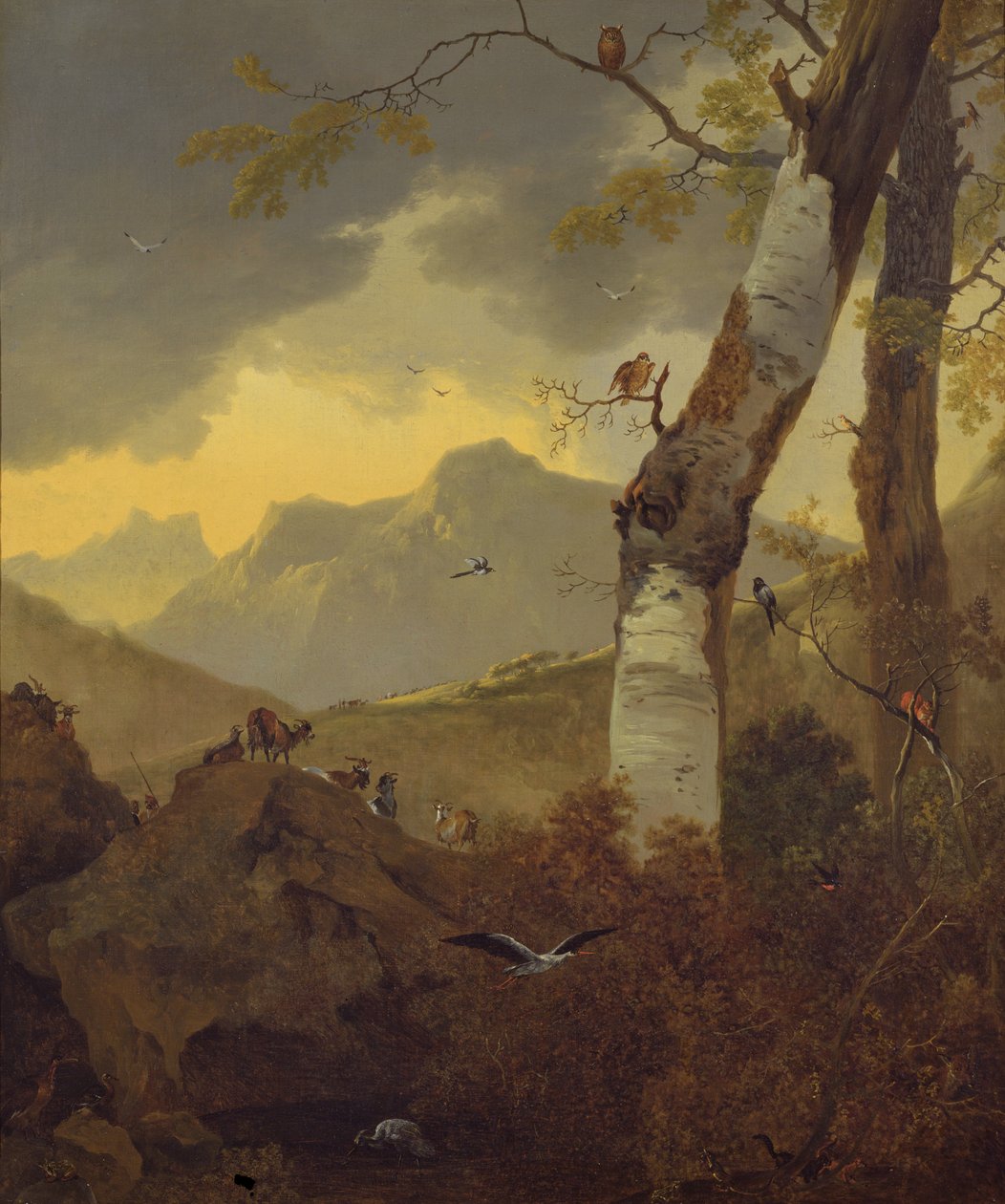 Bergigt landskap med getter och fåglar, c.1657 av Adam Pynacker