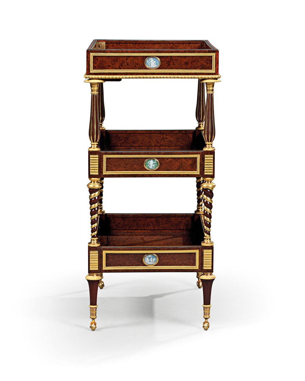 Sen Louis XVI ormolu och cameo-monterad burr idegran trä och mahogny bord travailleuse av Adam Weisweiler
