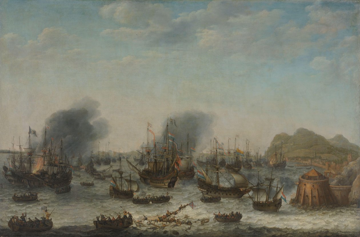 Spanjorernas nederlag vid Gibraltar av en holländsk flotta under befäl av amiral Jacob van Heemskerck, 25 april 1607 av Adam Willaerts (signed by artist)