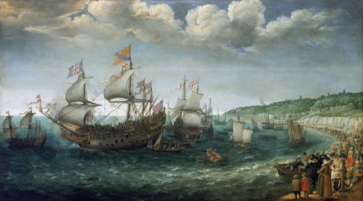 Ombordstigning av Fredrik I av Wittelsbach (1596-1632), kurfurste av Pfalz (som skulle bli kung av Böhmen), på fartyget "Prince Royal", i Dover (England), den 25 april av Adam Willaerts