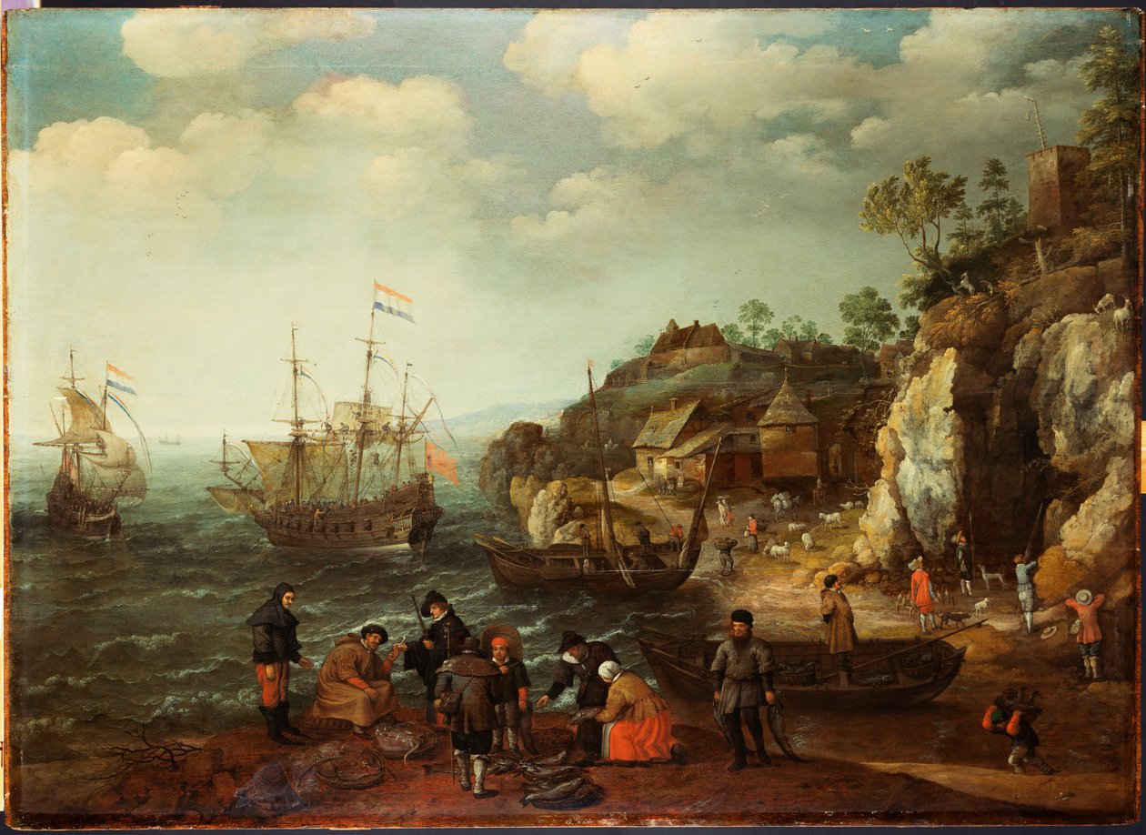 Kustscen med fiskare och jägare på stranden, 1626 av Adam Willaerts