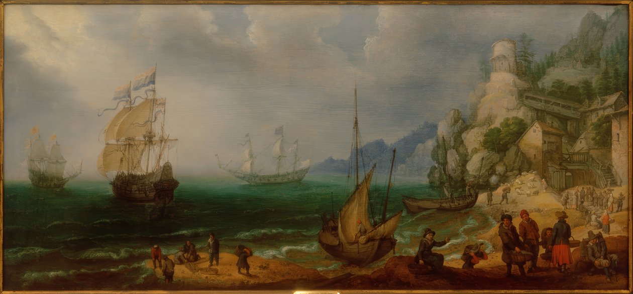 Stenigt kustlandskap med segelfartyg och fiskare av Adam Willarts