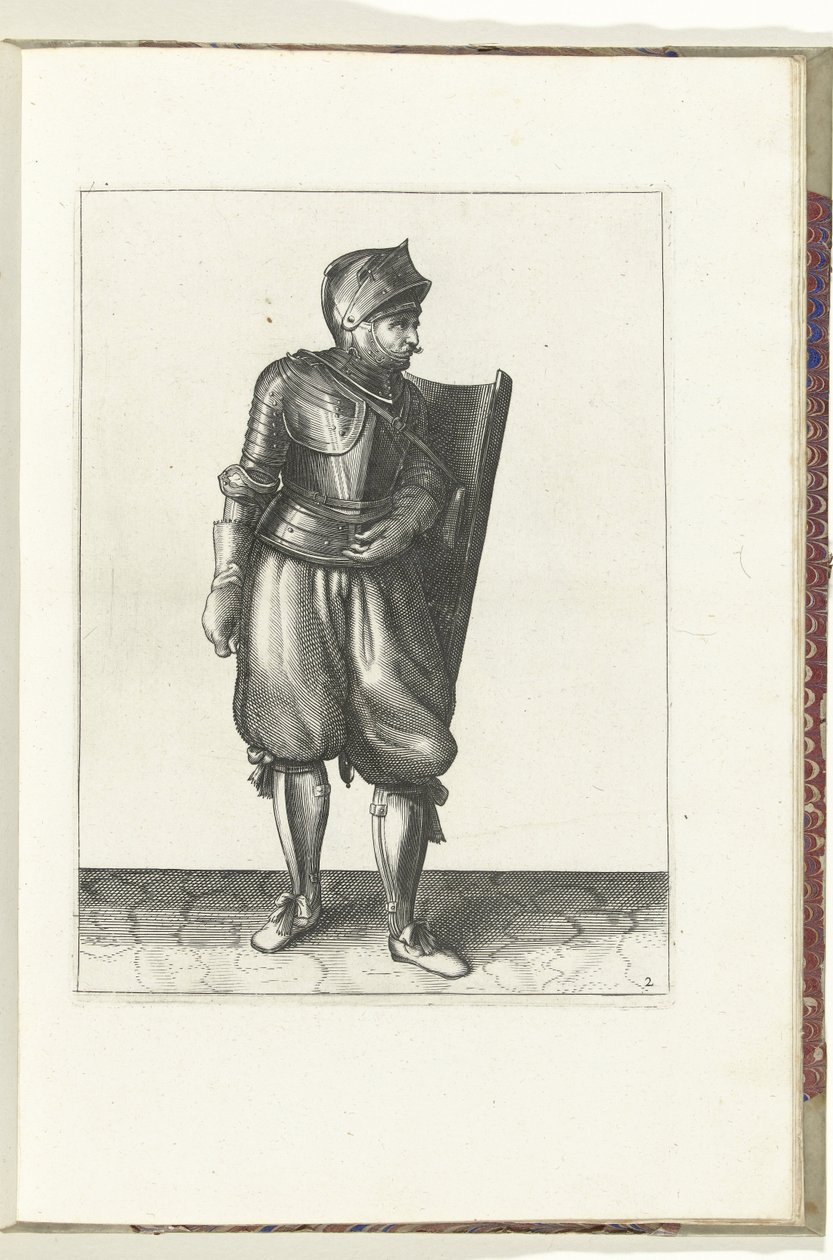 Övningen med målet och griparen: soldaten för målet från ryggen över vänster axel (nr 2), 1618 Nassausche Wapen-Handelinge, van Schilt, Spies, Rappier and the Targe: beyde figuerlick avbildad, och inramad efter den nya ordningen [av] (... av Adam van Breen