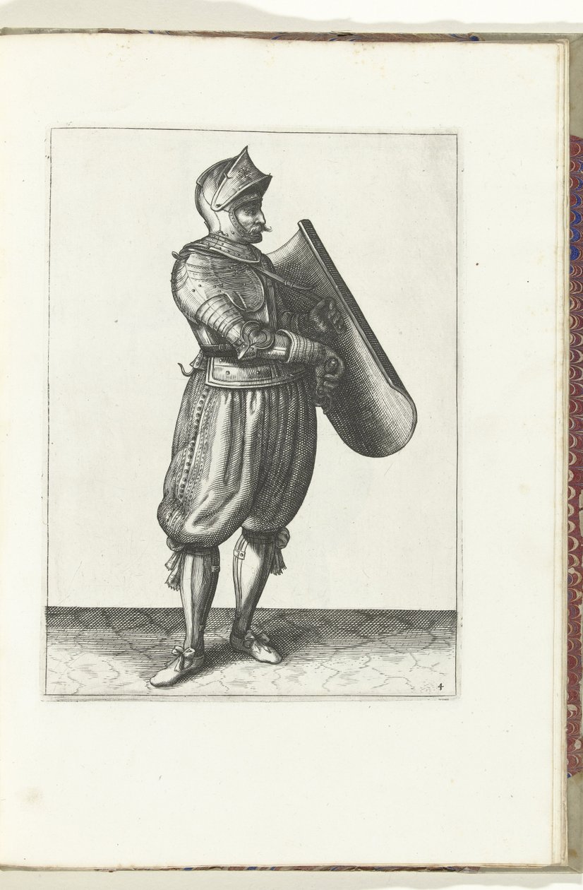 Övningen med tavlan och griparen: soldaten håller tavlan något framåt för att rita griparen (nr 4), 1618 Nassausche Wapen-Handelinge, van Schilt, Spies, Rappier and the Targe: beyde figuerlick avbildad och inramad efter den nya ordningen av Adam van Breen
