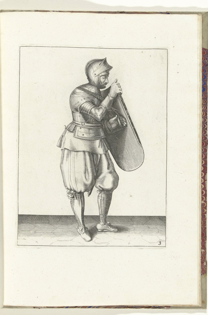 Övningen med målet och griparen: soldaten håller i målet med höger hand och tar tag i bältet (nr 3) med vänster hand, 1618 Nassausche Wapen-Handelinge, van Schilt, Spies, Rappier ende Targe: avbildad av figuren och uppsättningen efter av Adam van Breen
