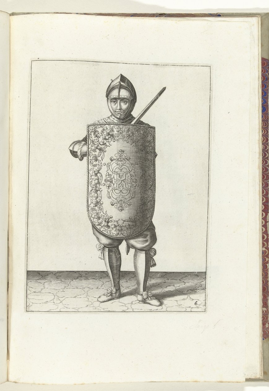 Borrmaskinen med måltavlan och griparen: soldaten håller målet framför bröstet och den dragna griparen mot vänster axel (nr 6), 1618 Nassausche Wapen-Handelinge, van Schilt, Spies, Rappier and the Targe: beyde figuerlick avbildad, slut inramad efter av Adam van Breen