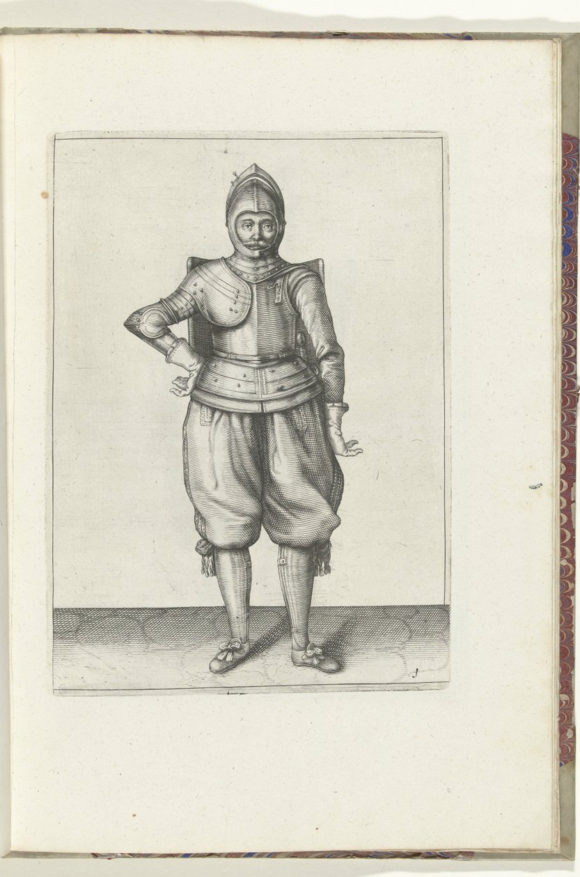Drillen med målet och griparen: soldaten i vila med målet på ryggen (nr 1), 1618 Nassausche Wapen-Handelinge, van Schilt, Spies, Rappier and the Targe: beyde figuerlick avbildad, och den inramade efter den nya ordningen [av] (...) Maurits van Nassa av Adam van Breen