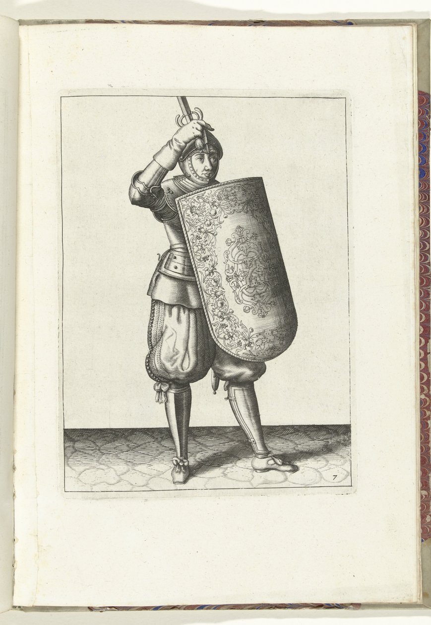 Drillen med målet och griparen: hur soldaten ska stänga visiret på sin hjälm med målet och den dragna griparen i hand (nr 7), 1618 Nassausche Wapen-Handelinge, van Schilt, Spies, Rappier and the Targe: beyde figuerlick avbildad, och av Adam van Breen