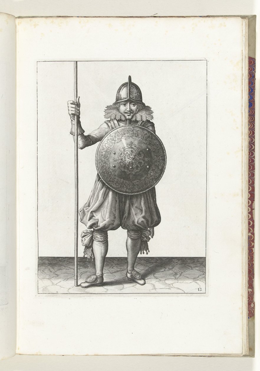 Övningen med sköld och spjut: soldaten återför spjutet till viloposition i tre gånger, tredje sats (nr 12), 1618 Nassausche Wapen-Handelinge, van Schilt, Spies, Rappier and the Targe: beyde figuerlick avbildad, och inramningen efter av Adam van Breen