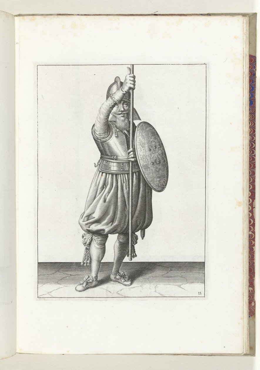 Övningen med sköld och spjut: soldaten återför spjutet till viloläge i tre gånger, andra sats (nr 11), 1618 Nassausche Wapen-Handelinge, van Schilt, Spies, Rappier and the Targe: beyde figuerlick avbildad, och inramningen efter av Adam van Breen