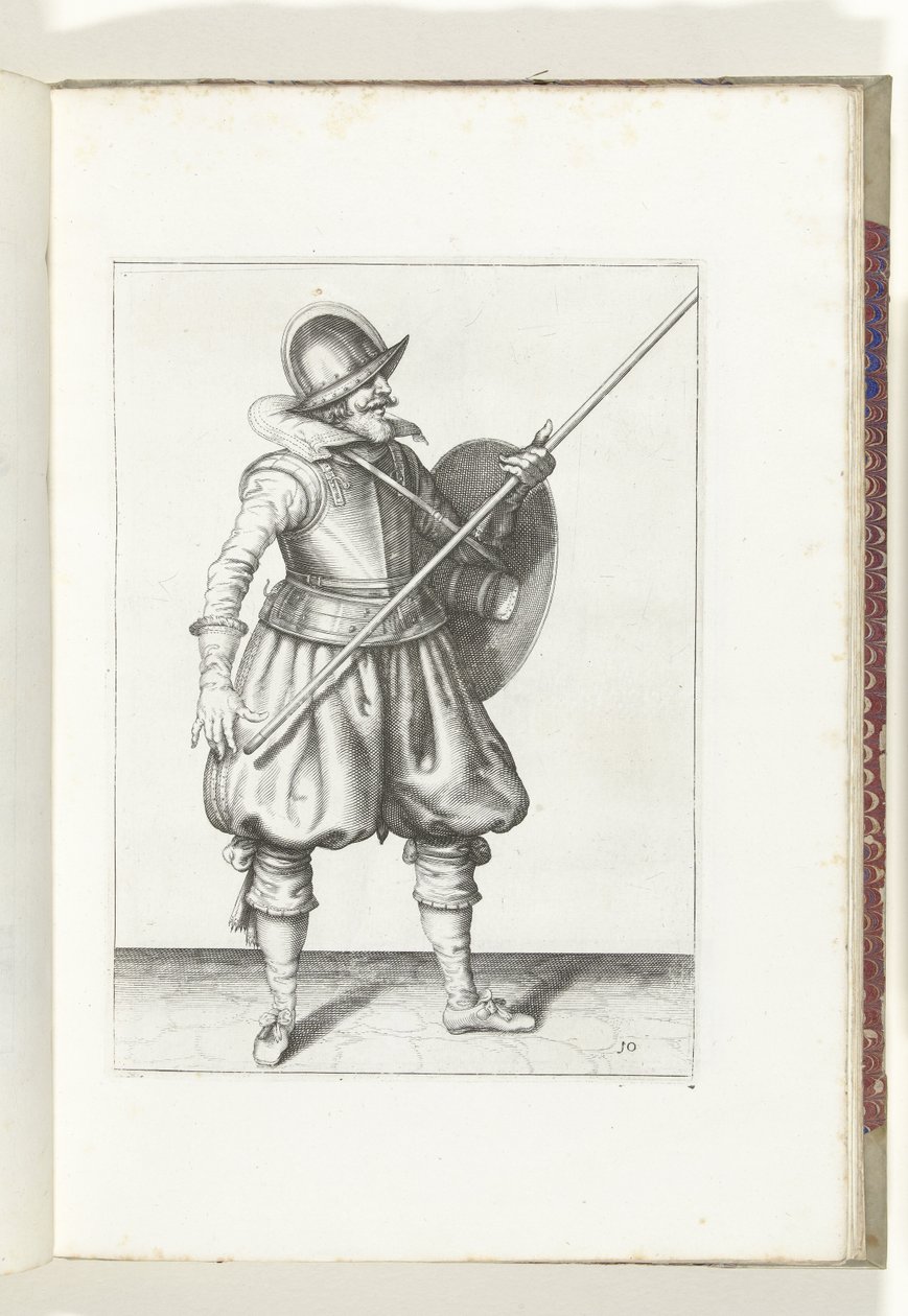 Övningen med sköld och spjut: soldaten för tillbaka spjutet till sitt viloläge i tre gånger, första sats (nr 10), 1618 Nassausche Wapen-Handelinge, van Schilt, Spies, Rappier ende Targe: avbildad av figuren och uppsättningen efter av Adam van Breen