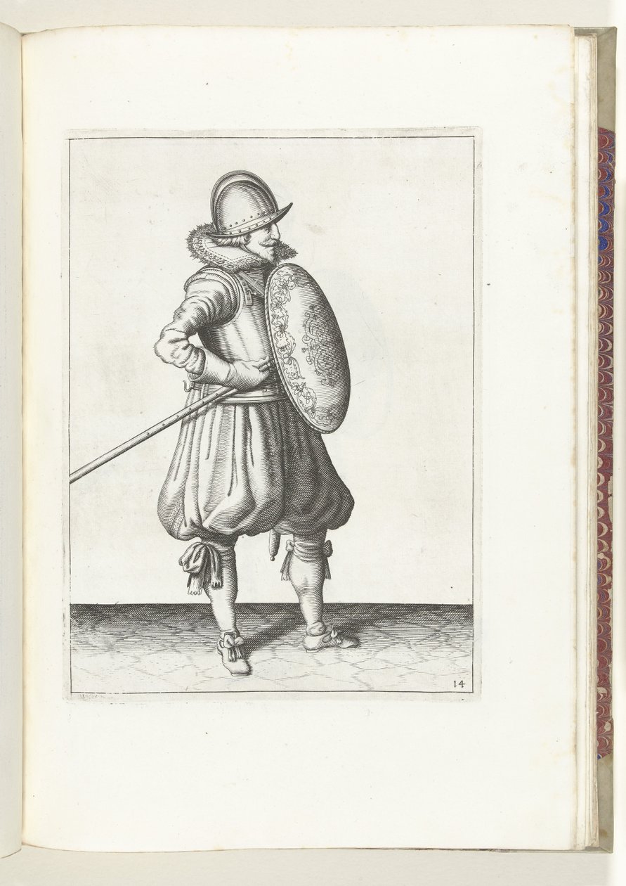 Sköld- och spikövningen: Soldaten flyttar spiken till dragposition på två gånger, andra rörelsen (nr 14), 1618 Nassausche Wapen-Handelinge, van Schilt, Spies, Rappier and the Targe: beyde figuerlick avbildad, slut inramad efter den nya av Adam van Breen