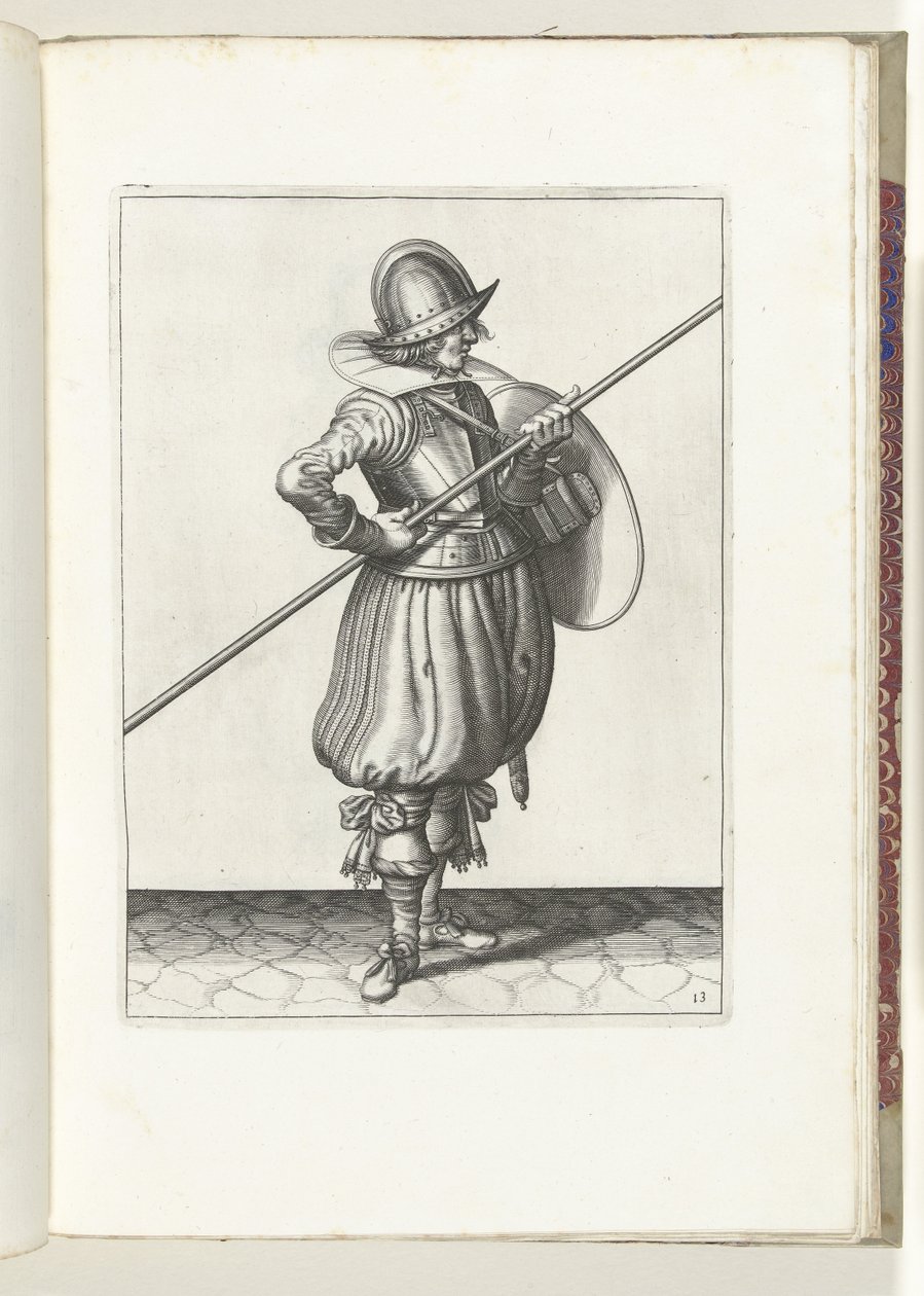 Sköld- och spikövningen: Soldaten flyttar spiken till dragposition på två gånger, första rörelsen (nr 13), 1618 Nassausche Wapen-Handelinge, van Schilt, Spies, Rappier and the Targe: beyde figuerlick avbildad, slut inramad efter den nya av Adam van Breen