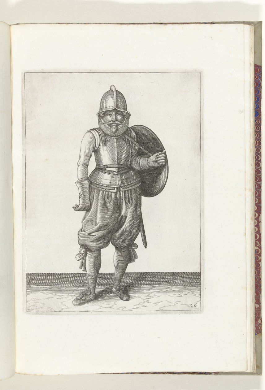 Sköld- och spikövningen: Soldaten återför skölden till baksidan med sin vänstra arm (nr 26), 1618 De Nassausche Wapen-Handelinge, van Schilt, Spies, Rappier and the Targe: beyde figuerlick avbildad, slut inramad efter den nya ordningen [av] (.. av Adam van Breen