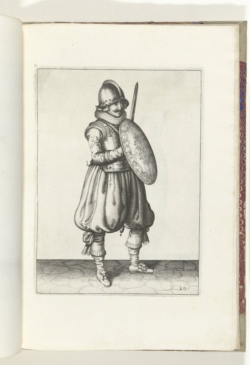 Sköld- och spikövningen: Soldaten i uppmärksamhet med sin gripare och sköld framför bröstet (nr 20), 1618 De Nassausche Wapen-Handelinge, van Schilt, Spies, Rappier and the Targe: beyde figuerlick avbildad, ende inramad efter den nya ordningen [av] (. av Adam van Breen