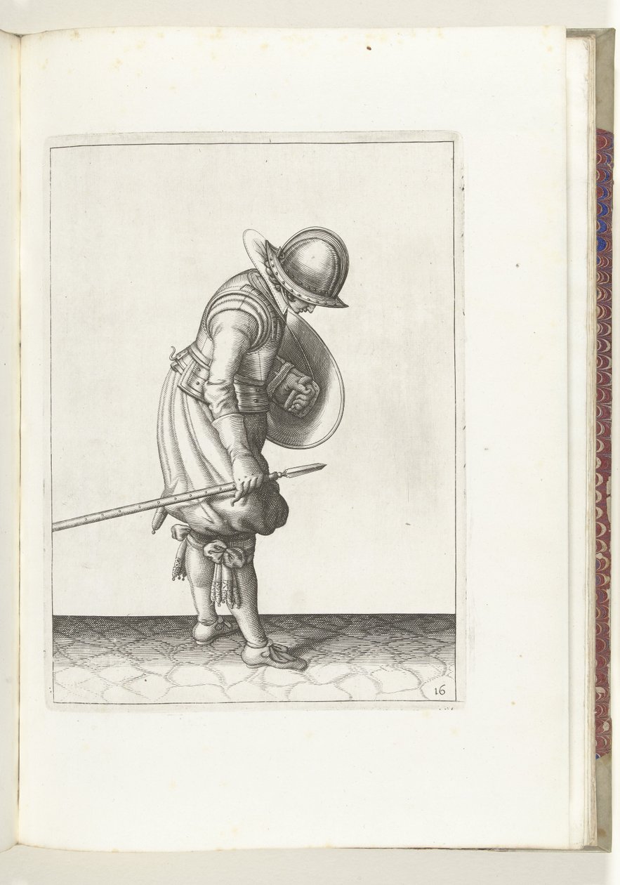 Övningen med sköld och spik: Soldaten placerar spiken på marken bredvid sin högra fot (nr 16), 1618 Nassausche Wapen-Handelinge, van Schilt, Spies, Rappier ende Targe: avbildad av figuren och poserad efter den nya ordningen [av] (...) M av Adam van Breen