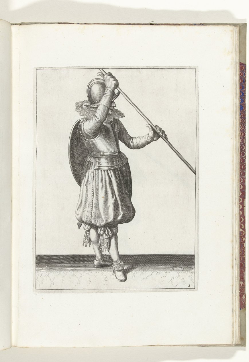 Sköld- och spetsövningen: Soldaten med spiken vinklad i båda händerna med höger hand vid huvudet och skölden på baksidan (nr 3), 1618 Nassausche Wapen-Handelinge, van Schilt, Spies, Rappier and the Targe: beyde figuerlick avbildad, slut av Adam van Breen