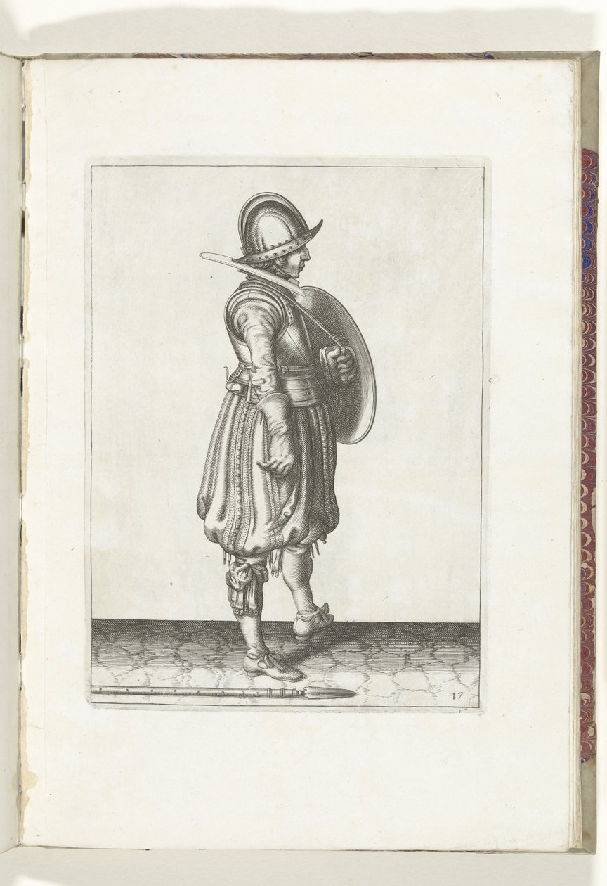 Sköld- och spikövningen: Soldaten med skölden redo och spiken på marken bredvid sin högra fot (nr 17), 1618 Nassausche Wapen-Handelinge, van Schilt, Spies, Rappier and the Targe: beyde figuerlick avbildad, slut inramad efter den nya av Adam van Breen