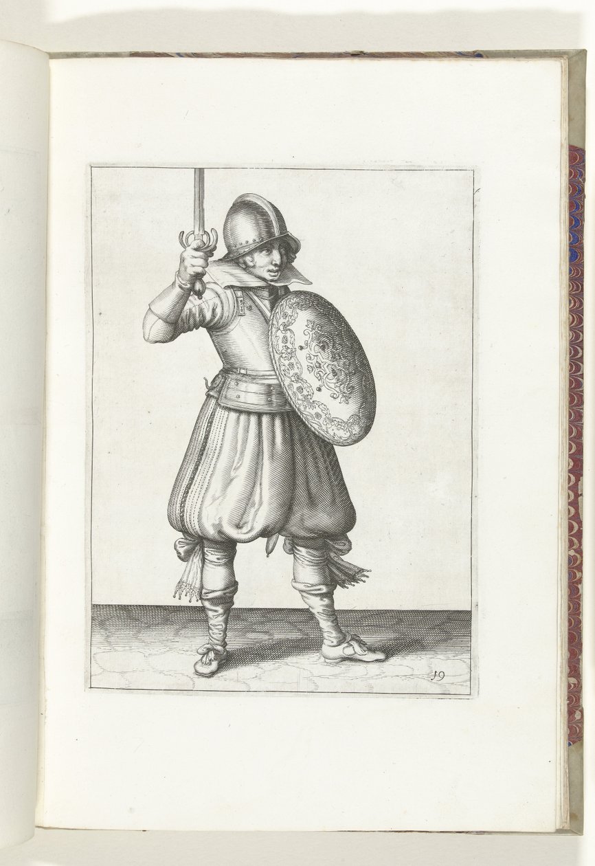 Sköld- och spikövningen: Soldaten presenterar sin rapier för hand inte högre än sitt ansikte (nr 19), 1618 Nassausche Wapen-Handelinge, van Schilt, Spies, Rappier and the Targe: beyde figuerlick avbildad och inramad efter den nya ordningen av Adam van Breen