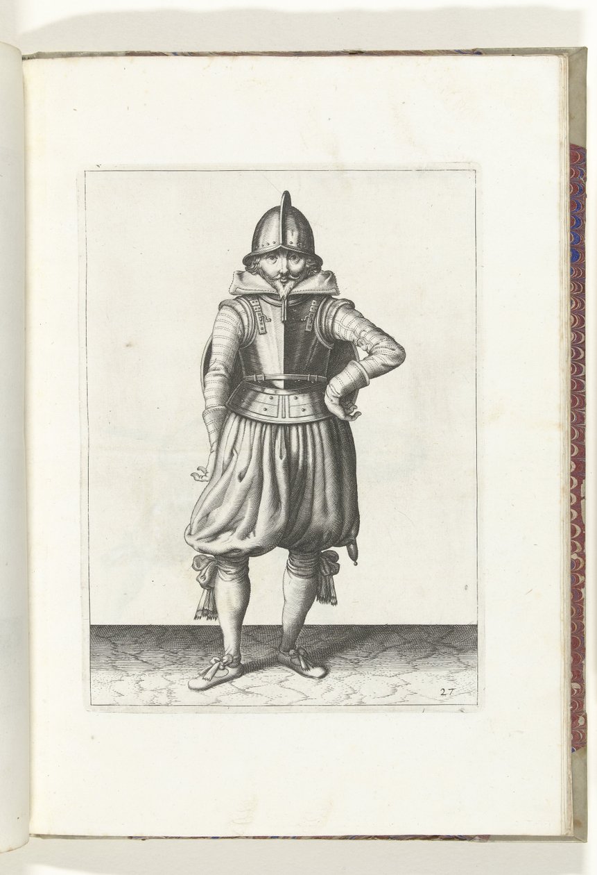 Sköld- och spetsövningen: Soldaten som står i vila med skölden på ryggen (nr 27), 1618 Nassausche Wapen-Handelinge, van Schilt, Spies, Rappier and the Targe: beyde figuerlick avbildad, och den inramade efter den nya ordningen [av] (...) Maurits v av Adam van Breen