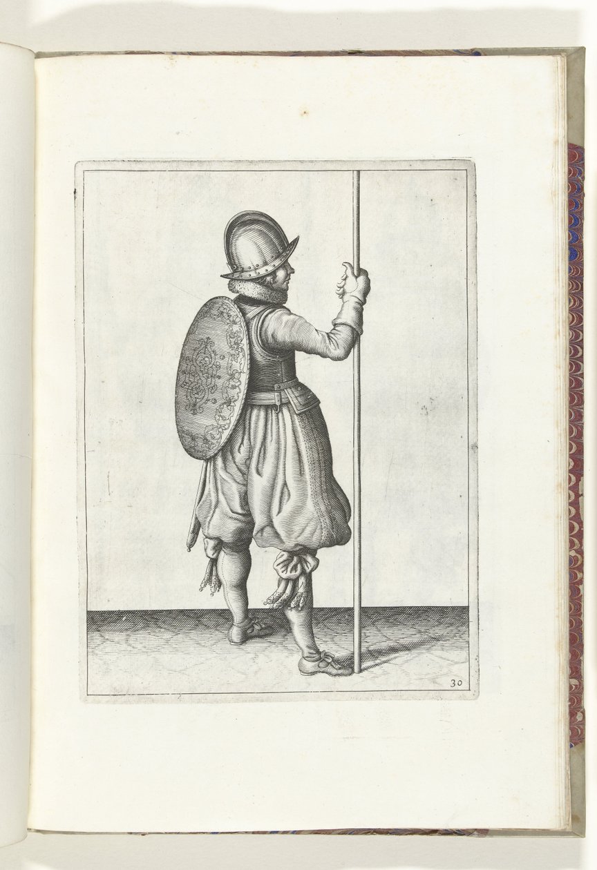 Sköld- och spikövningen: Soldaten som står med spiken vilande på marken bredvid höger fot (nr 30), 1618 Nassausche Wapen-Handelinge, van Schilt, Spies, Rappier and the Targe: beyde figuerlick avbildad och inramad efter den nya ordningen av Adam van Breen