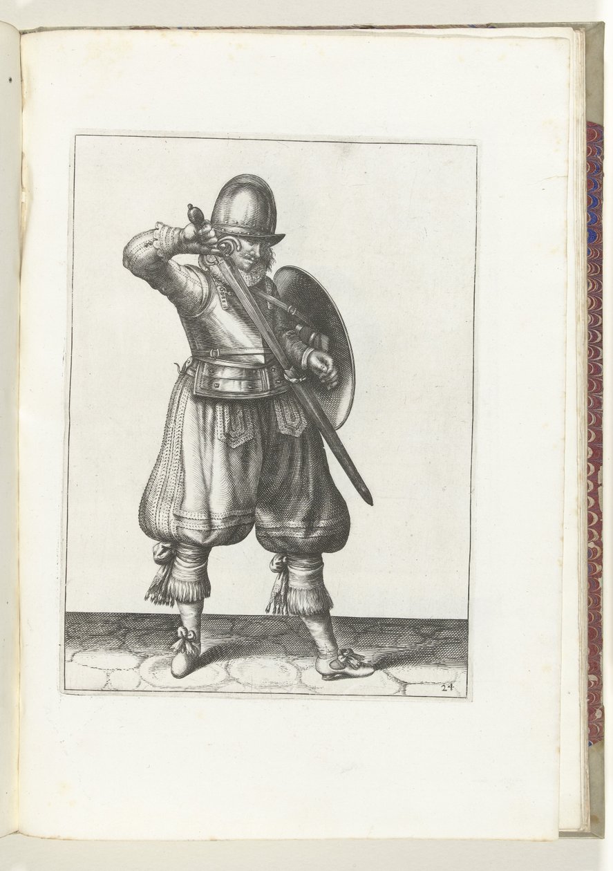 Sköld- och spikövningen: Soldaten täcker sin rapier (nr 24), 1618 Nassausche Wapen-Handelinge, van Schilt, Spies, Rappier and the Targe: beyde figuerlick avbildad, och den inramade efter den nya ordningen [av] (...) Maurits van av Adam van Breen
