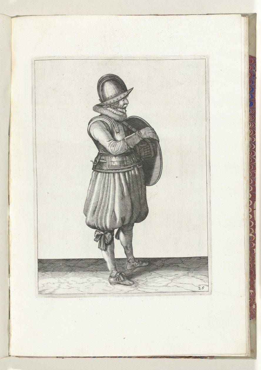 Sköld- och spikövningen: Soldaten drar sin arm från sköldens bälte (nr 25), 1618 Nassausche Wapen-Handelinge, van Schilt, Spies, Rappier and the Targe: beyde figuerlick avbildad, och den inramade efter den nya ordningen [av] (...) Maurits av Adam van Breen