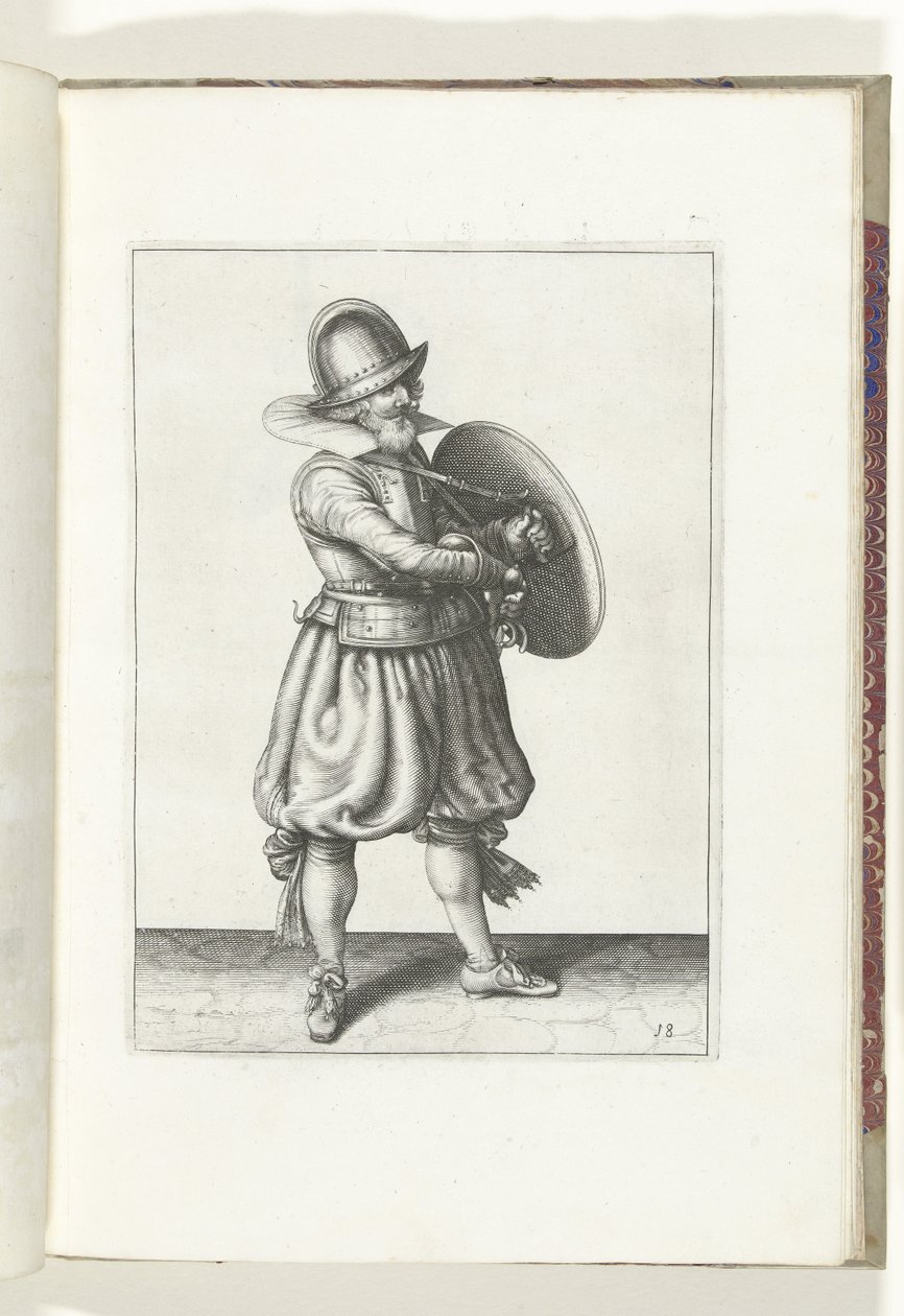 Övningen med sköld och spjut: Soldaten drar sin rapier bakom sin sköld (nr 18), 1618 Nassausche Wapen-Handelinge, van Schilt, Spies, Rappier ende Targe : avbildad av figuren och poserad efter den nya ordningen [av] (...) Maurits v av Adam van Breen