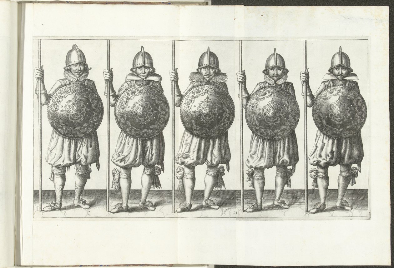 Sköld- och spikövningen: Fem soldater som står sida vid sida i linje med spiran i höger hand vilande på marken och skölden framför bröstet (nr 31), 1618 The Nassausche Wapen-Handinge, van Schilt, Spies, Rappier andde Mål : beyde f av Adam van Breen