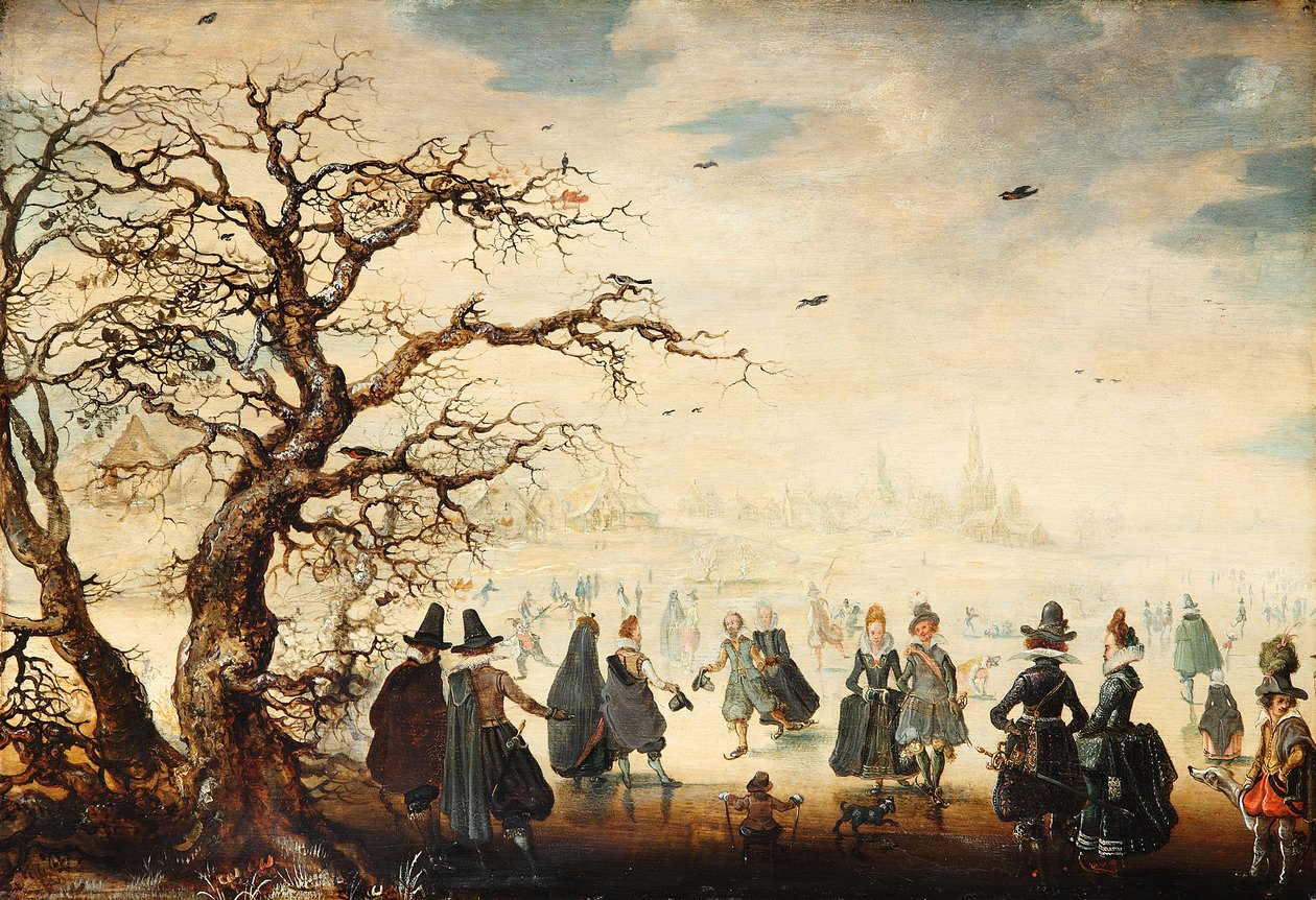 Tyska: Wintervergnügen Vinterlandskap med eleganta figurer som åker skridskor av Adam van Breen