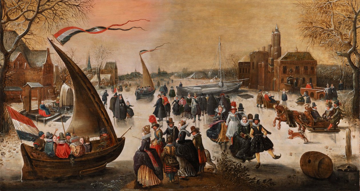 Vinterlandskap med eleganta skridskoåkare på en frusen sjö, isbrytare och en stad i fjärran av Adam van Breen