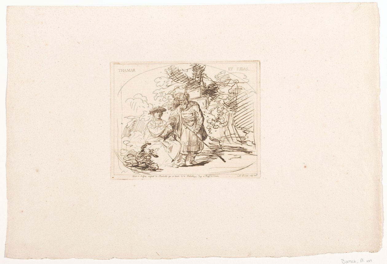 Juda ger Tamar sin signetring Tamar et Judas (titel på objekt) Sex tryck efter teckningar av Rembrandt, förvarade i Hofbibliothek i Wien (serietitel) Sex estampes gravées d