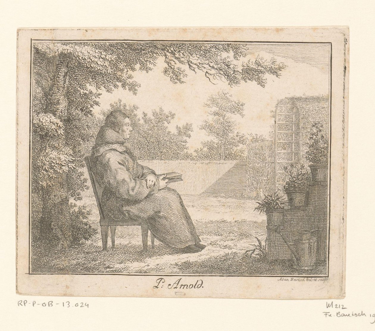 Porträtt av Arnoldus a Sancta Clara med en bok i en trädgård P. Arnold (titel på objekt) av Adam von Bartsch