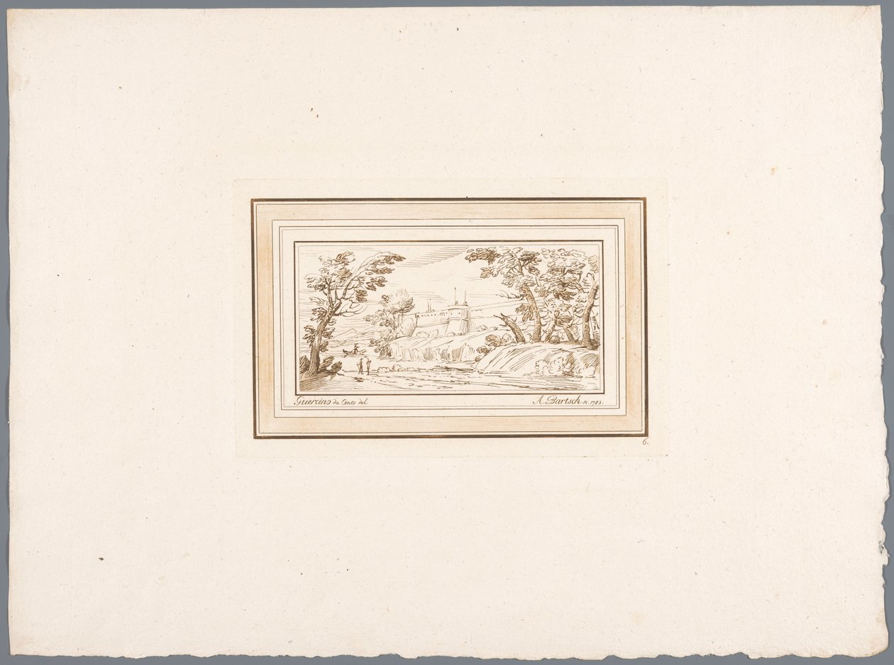 Flodlandskap med muren av en fästning Tryck efter teckningar av Guercino förvarade i Hofbibliothek i Wien (serietitel) Recueil d