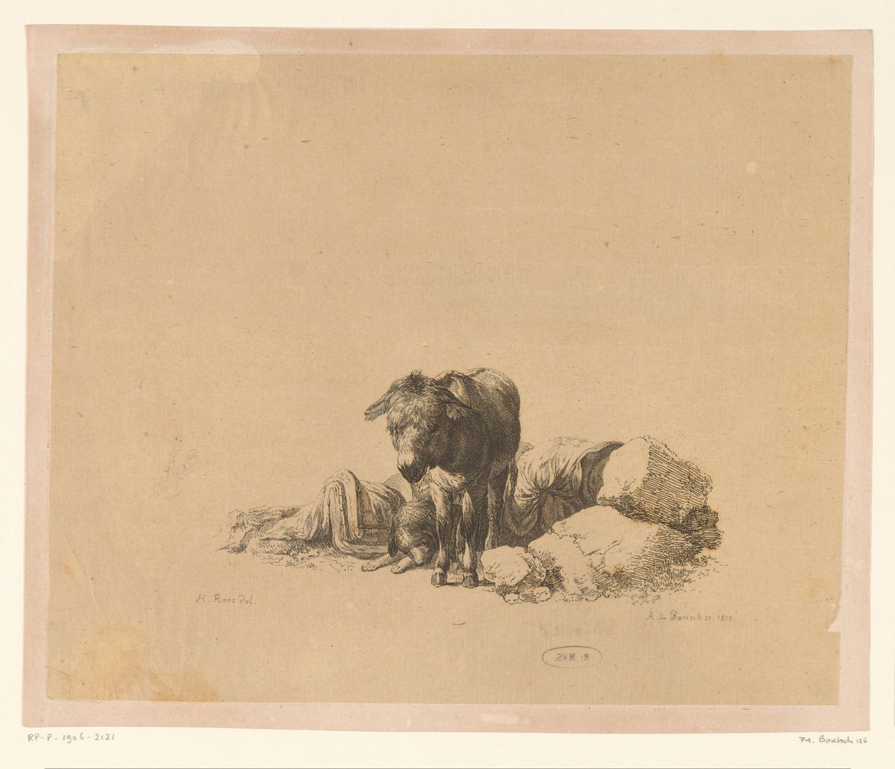 Stående åsna framför en liggande hund och en sovande man Sex tryck efter teckningar av Adam von Bartsch i Heinrich Xaver Ritter von Hauers samling (serietitel) Sex estampes gravées par Adam de Bartsch d