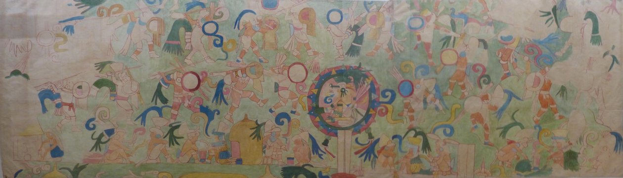 En del av väggmålningen på SV -sidan av Jaguarernas tempel i Chichen Itza. Från en akvarell målad av Adela Breton i Chichén Itzá omkring 1907, i samlingen av Bristol Museum and Art Gallery av Adela Breton