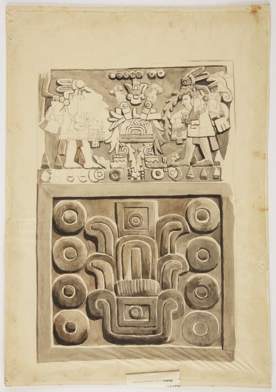 En stenrelief från Mexico City som överst visar två figurer av krigare vända mot ett centralt dekorerat "bord" (akvarell) av Adela Breton