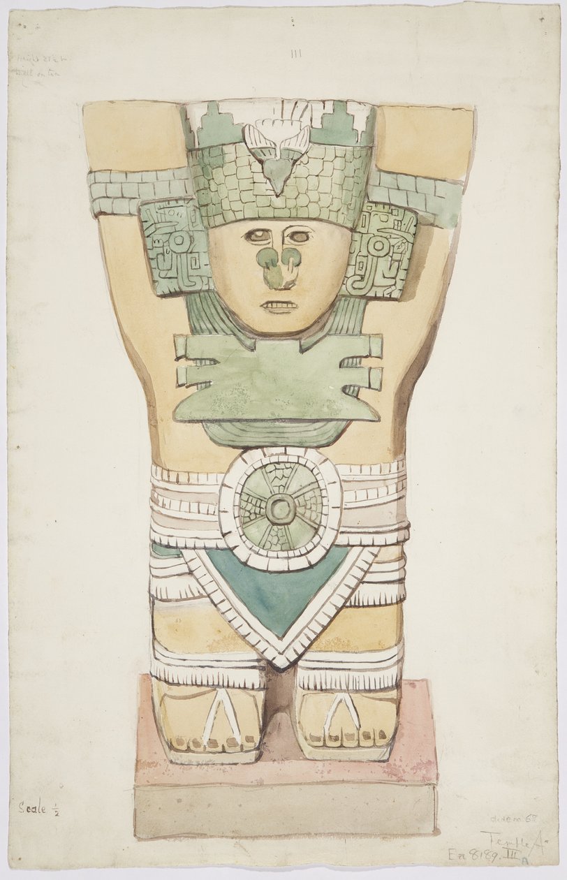 Caryatid III, yttre kammare, Jaguarernas övre tempel (tempel A), Chichen Itza, Mexiko (akvarell) av Adela Breton